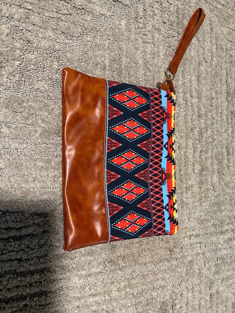 Brown Leather & Red Aztec Pattern Wristlet Clutch